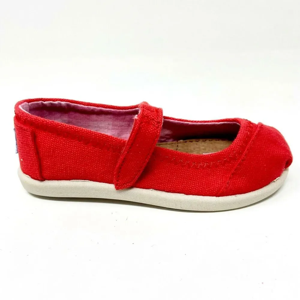 Toms Mary Jane Red Tiny Toddler Slip On Casual Canvas Flat Shoes